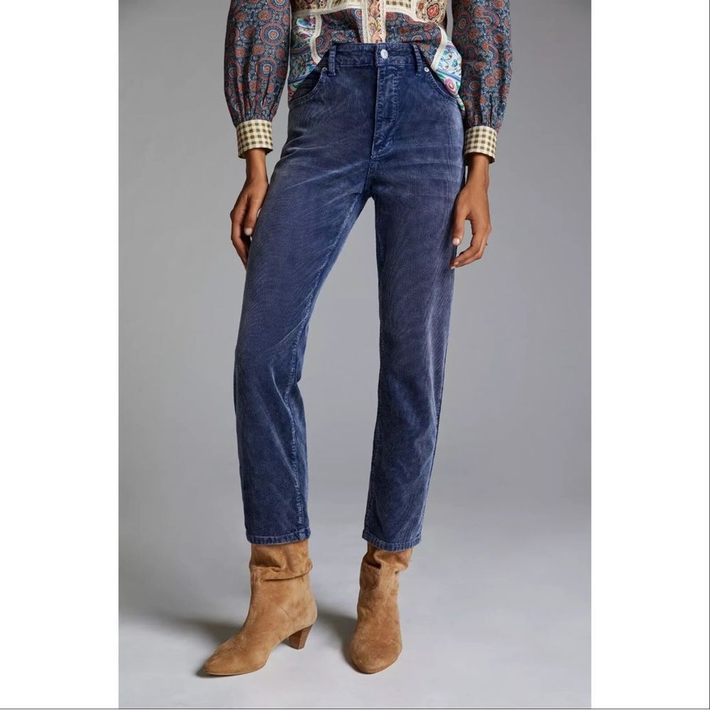 Anthropologie Pilcro Vintage Straight Cropped Corduroy Pants Blue 27 Boho Twee